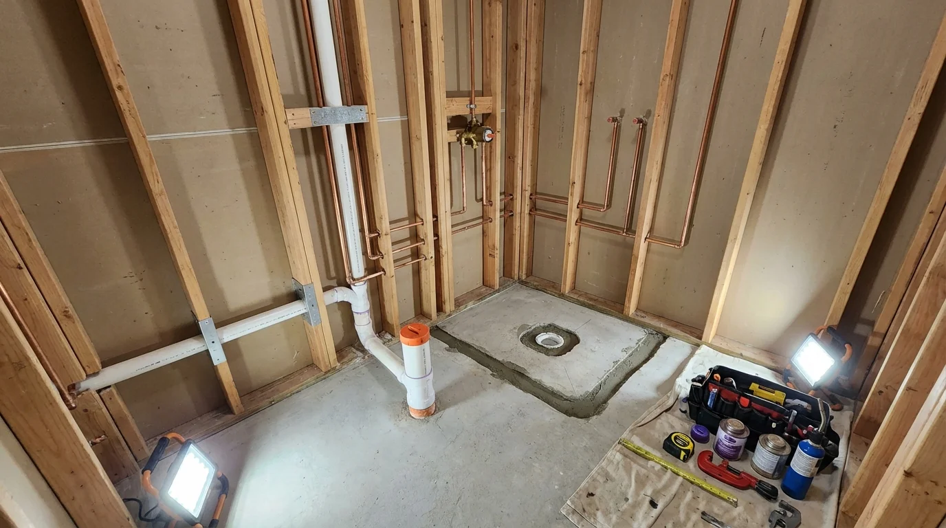 Bathroom rough-in plumbing during remodel by Johns Plumbing LLC in Marshfield