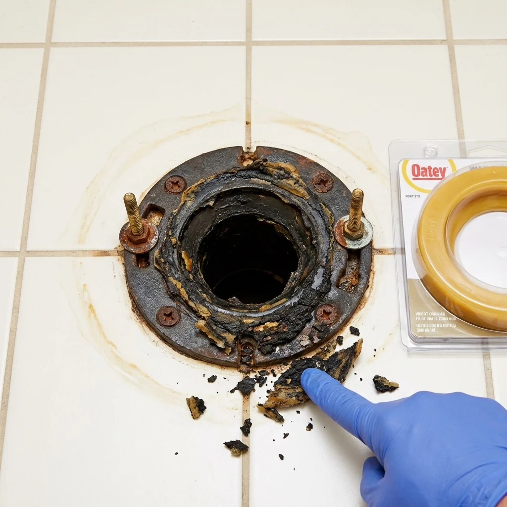 Failed wax ring showing water seepage at the base of a toilet in a Marshfield, MO home
