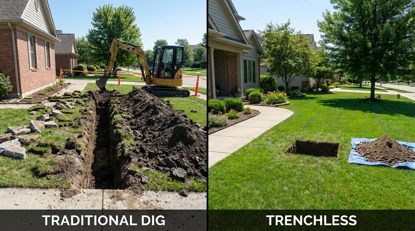 Trenchless sewer repair with minimal yard damage versus traditional excavation in Marshfield, MO